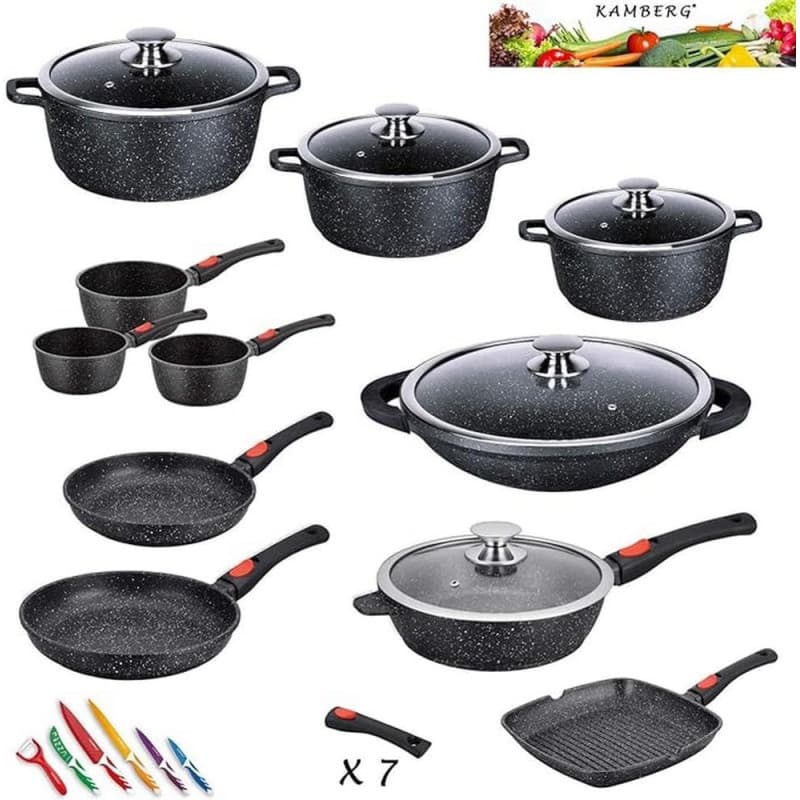 Kamberg - Set Lot Batterie de cuisine 29 pièces - Fonte d'aluminium - Revêtement pierre - Manche Amovible- Tous Feux dont Induct