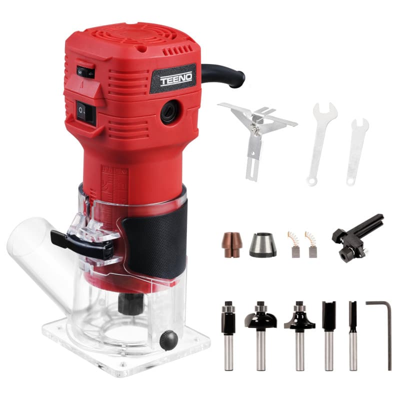 TEENO Affleureuse à Bois Défonceuse Électrique 650W 15000-32000 RPM,Défonceuse Affleureuse Avec 5 Fraises à Défoncer Queue de 1/
