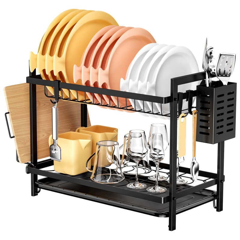 Fousenuk Égouttoir Vaisselle Cuisine à 2 Niveaux, Noir, sur Evier, avec bac Récupération Amovible et Porte-Couverts