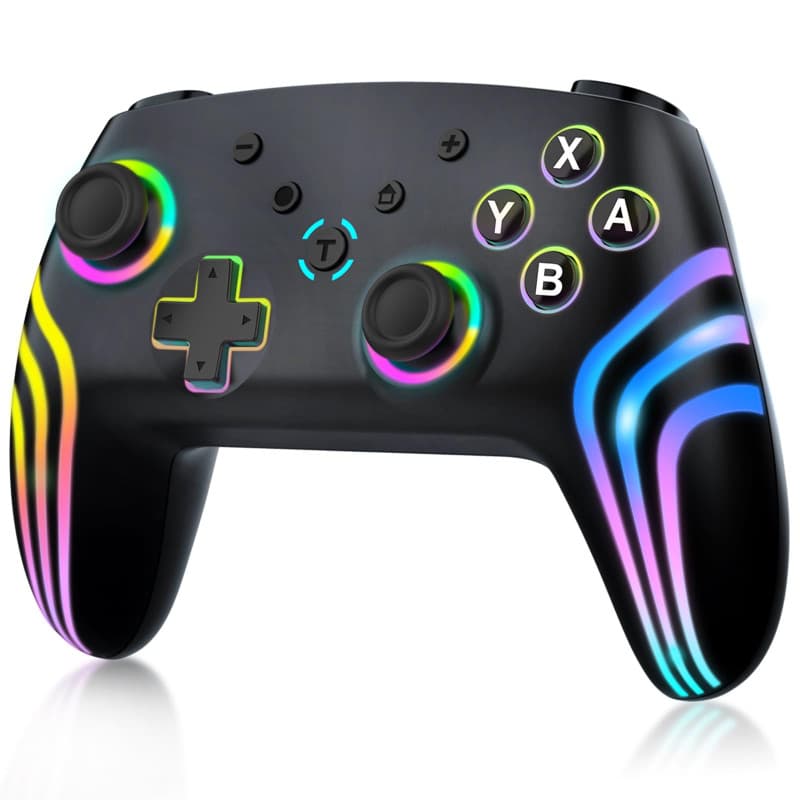 MYSTILUCK Manette Sans Fil Pro pour Switch/Switch 2/Lite/OLED/PC, Contrôleur avec 7 Couleurs d'éclairage RGB Changeantes/Double