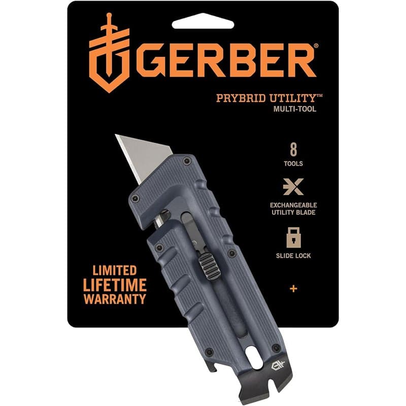 Gerber Outil polyvalent avec 8 fonctions, Prybrid-Utility, Couteau Multifonction, Levier et Coupe Ceinture, Bleu, Acier inoxydab