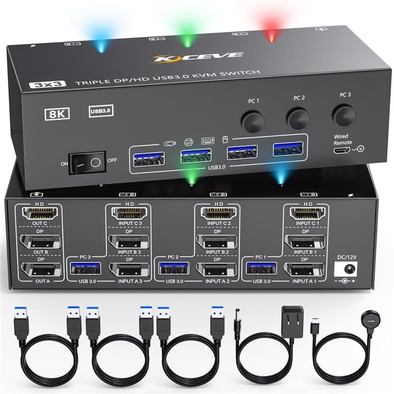 Commutateur KVM 3 moniteurs 3 PC, Displayport HDMI USB 3.0 Commutateur KVM pour deux écrans, prend en charge 4K @ 60 Hz pour 3 o