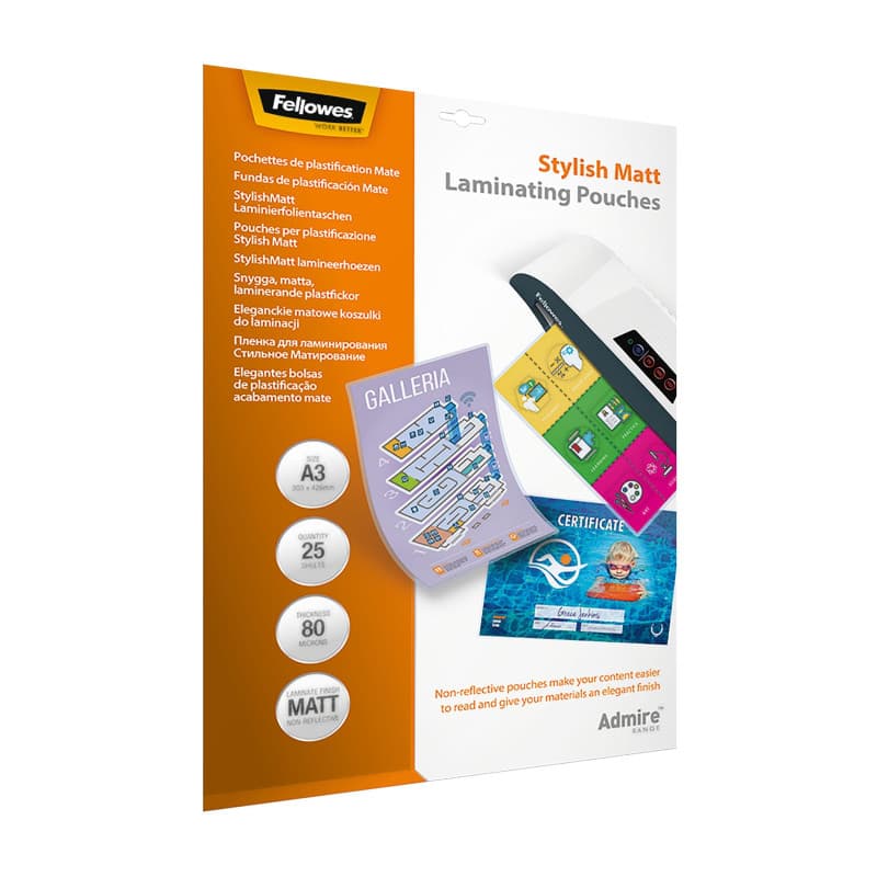 Pochettes de plastification Fellowes au format A3, 80 microns, Pack de 25 Feuilles à plastifier, Finition Mate et de Haute Quali