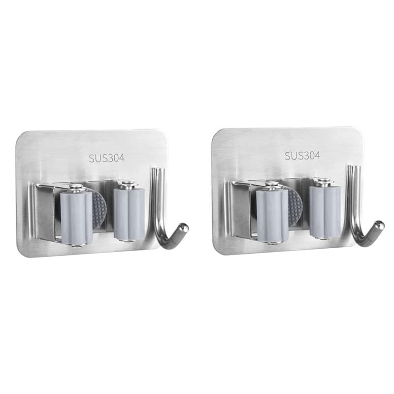 SyiXute 2 Pièces Porte Balai,Acier Inoxydable Porte Balais Mural,Adhésif Mop Support Avec Crochets pour Cuisine Salle de Bain Ja