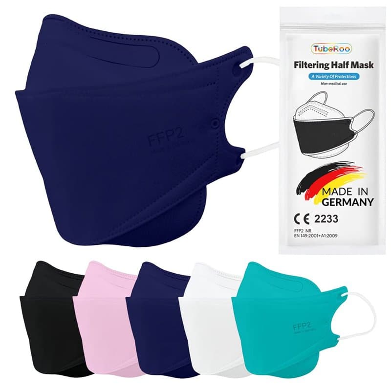 TubeRoo FFP2 Lot de 20 masques bleu foncé en forme de poisson - Fabriqué en Allemagne - Certifié CE - Boucles d'oreilles souples