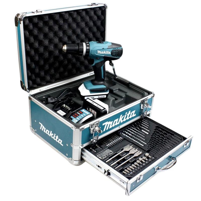 Perceuse à percussion 18V (2x1,3 Ah) dans coffret avec accessoires - MAKITA HP457DWEX4