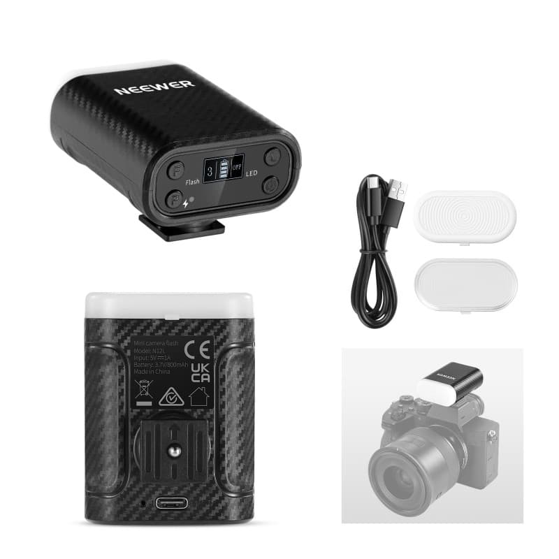 NEEWER Basics Mini Caméra Flash avec LED Vidéo Fill Light/Écran LCD/800mAh, Compatible avec Canon Fujifilm Sony Nikon DSLR Stand