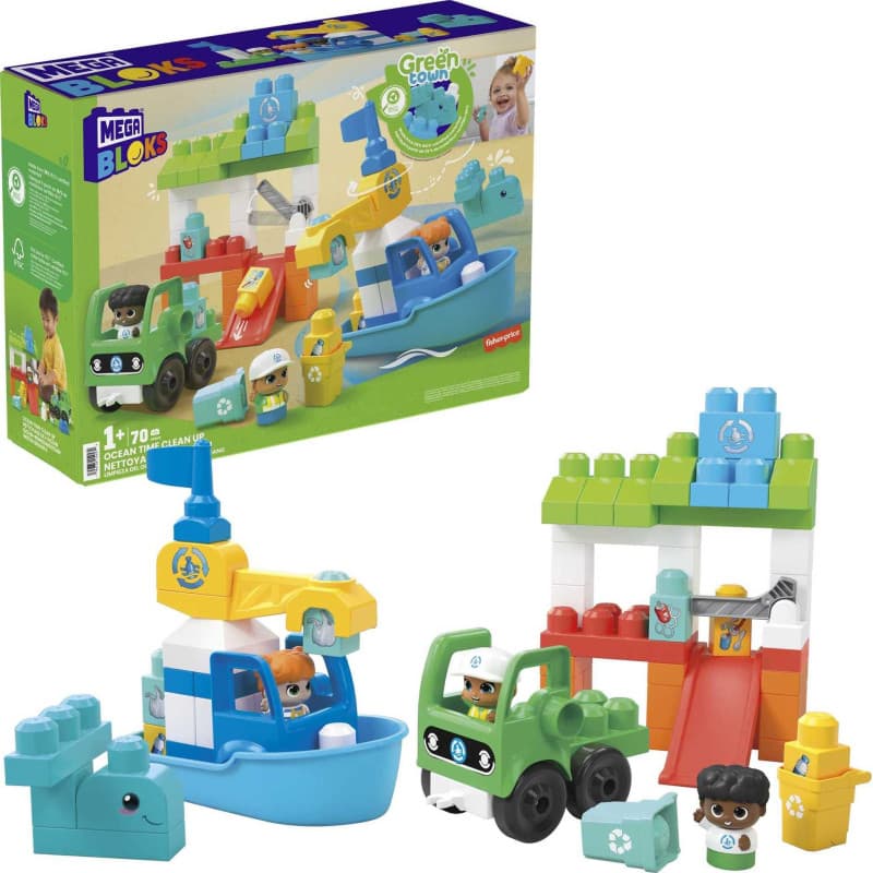 Mega Bloks Coffret Construction Fisher Price Ville Verte Nettoyage De L’Océan, avec 70 Gros Blocs Et Blocs De Formes Spéciales,