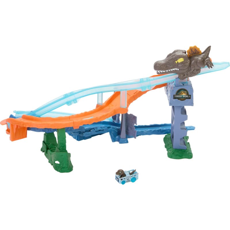 Hot Wheels Coffret Carambolages et Collisions RacerVerse Jurassic World avec piste et véhicule miniature vélociraptor, course de