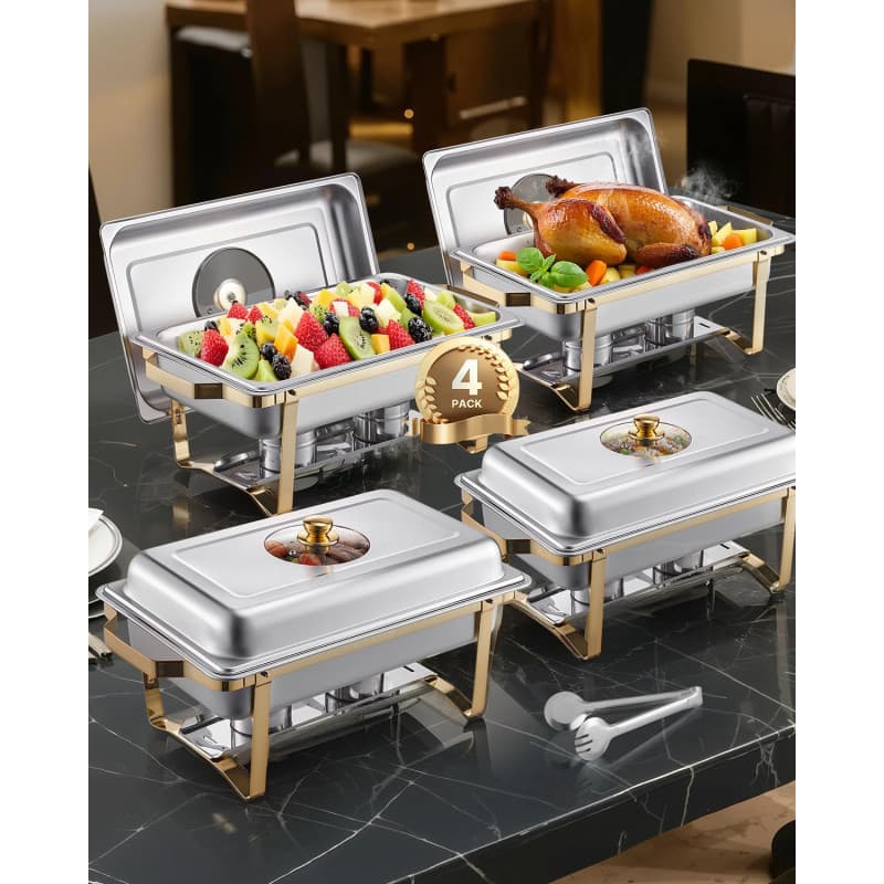 VEVOR Chauffe-Plat Rectangulaire 4PCs 7,5 L, Buffet Chauffant avec 4 Bacs Pleine Taille, Réchaud en Acier Inoxydable, Couvercle