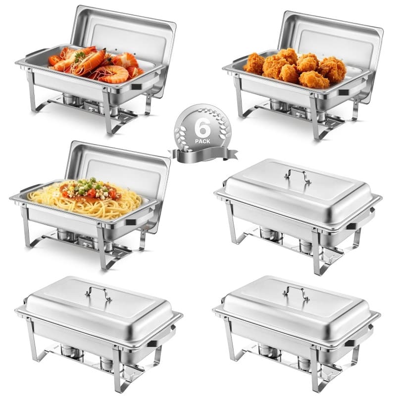 VEVOR Chauffe-Plat 6PCs 7,5 L, Buffet Chauffant Rectangulaire, Réchaud en Acier Inoxydable, avec 6 Bacs Pleine Taille et Couverc
