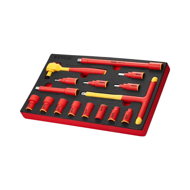 VEVOR Coffret de Douilles Isolées 16PCs, Ensemble d'Outils Isolés pour Électriciens 1000 V, avec Douilles, Clé à Poignée en T, C