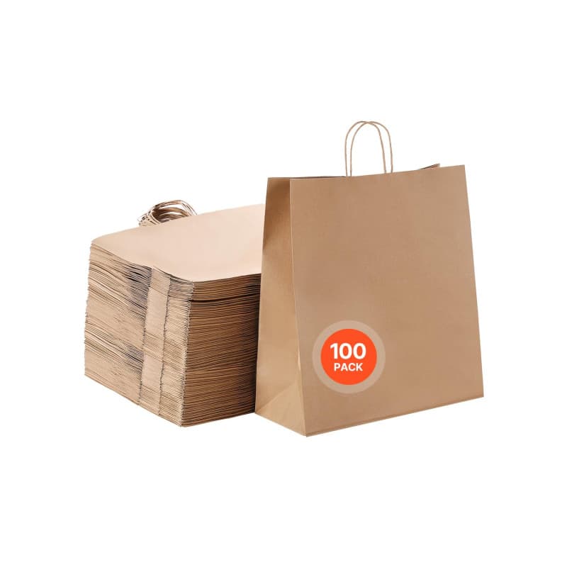VEVOR Sac Papier Kraft, Lot de 100, Sac Cadeau avec Poignées, 457 x 178 x 483 mm, Grands Sacs d'Épicerie Réutilisables, Emballag