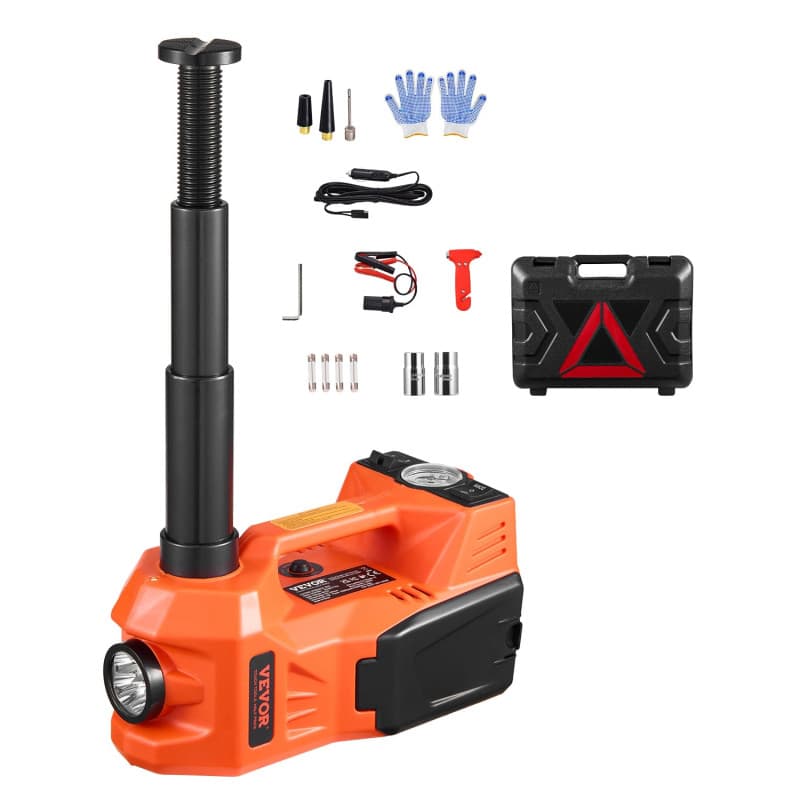 VEVOR Cric Électrique pour Voitures 5 T, Cric de Levage Réglable avec Gonfleur Intégré, Outil Démonte-Pneu Portable avec Marteau