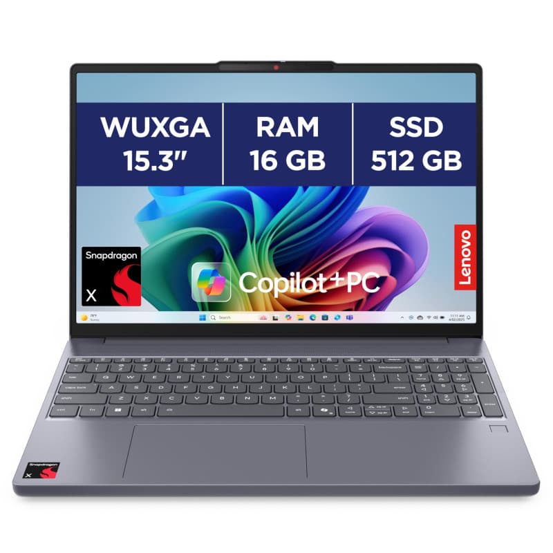 Lenovo IdeaPad Slim 3 15Q8X10 - Ordinateur Portable 15.3'' WUXGA Copilot+ (Snapdragon X X1-26-100, RAM 16Go, SSD 512Go, Qualcomm