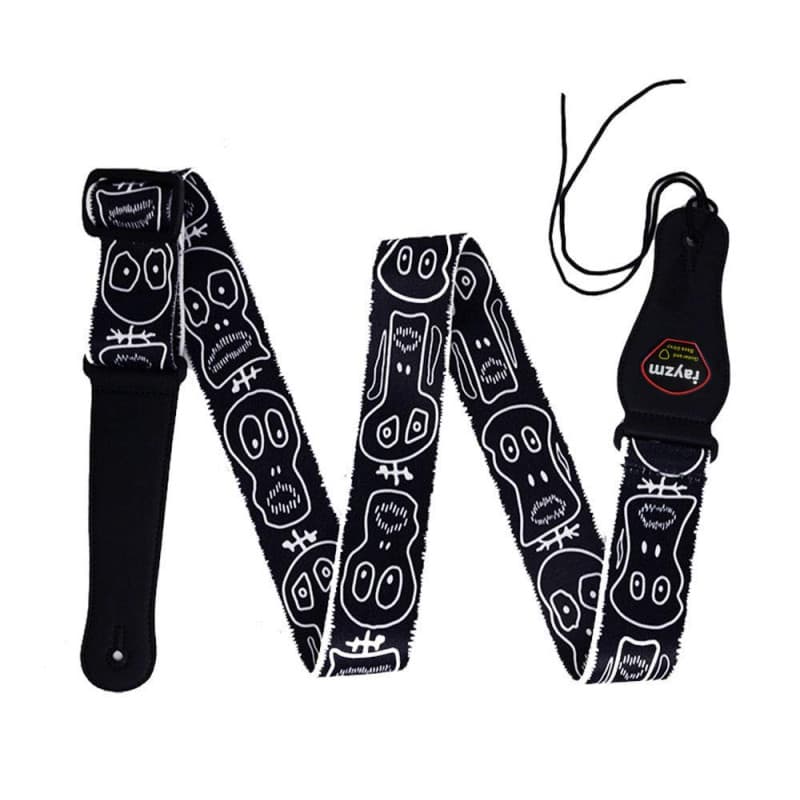 rayzm Sangle en Polyester pour Guitare Acoustique/électrique ou Basse, avec Porte-médiators et Motifs Cranes, 5cm de Largeur et
