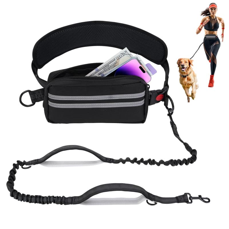 Laisse Canicross Chien, Jogging Mains Libres pour Chiens avec Ceinture et Sac Banane détachable, Anti Traction Harnais avec Cout