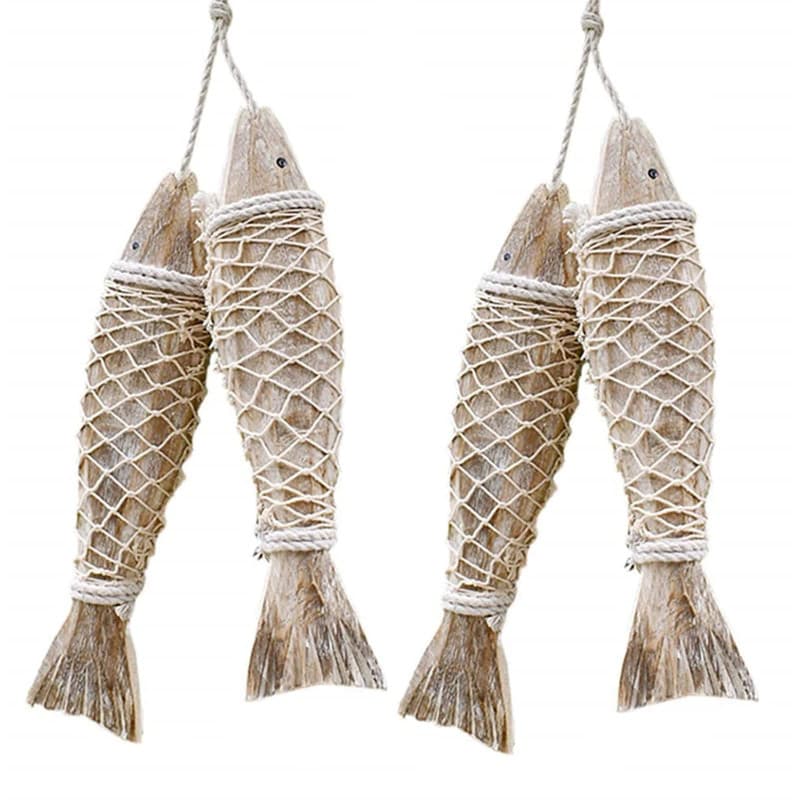 WANGCL Lot de 4 poissons décoratifs en bois à suspendre - Décoration murale en bois sculpté à la main - Décoration murale pour m