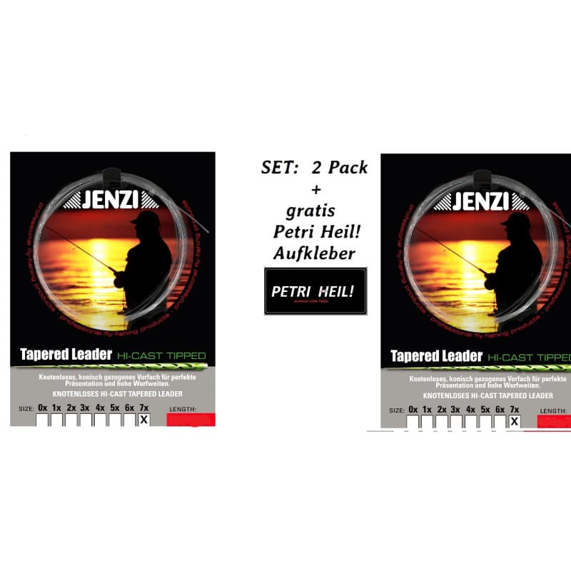 Jenzi Lot de 2 bas de ligne Tapered Leader 7X / 0,12/0,44 + autocollant Petri Heil!