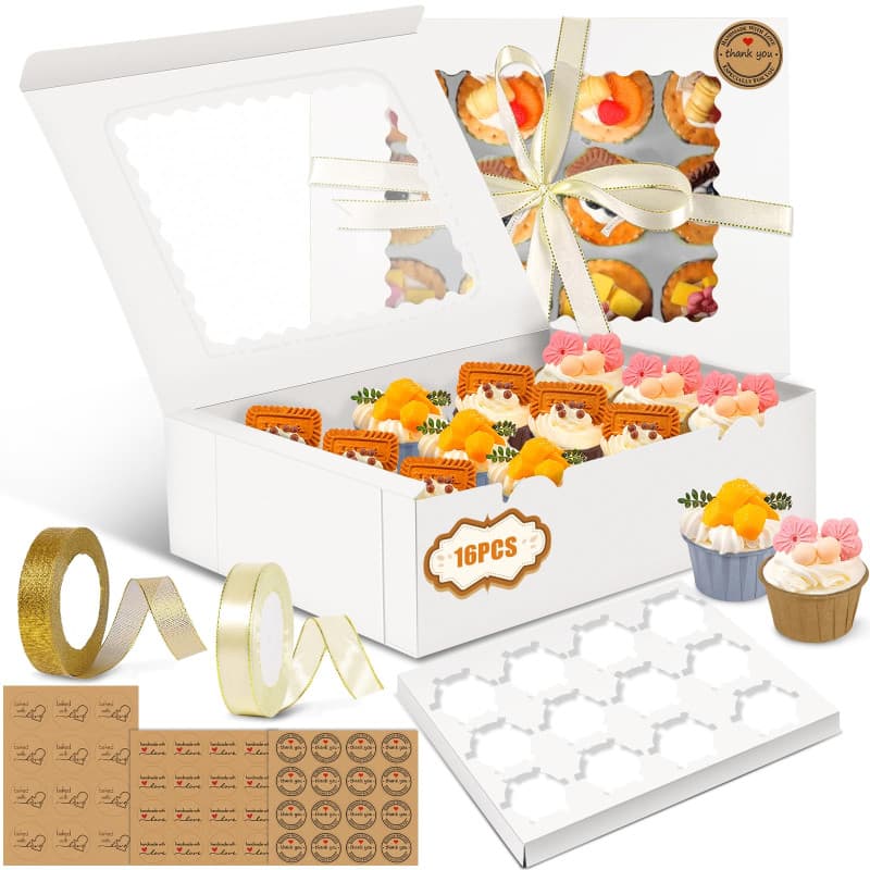 POWZOO Lot de 16 Boîtes à Cupcakes,Boîte à Muffins à Cupcakes,pour Cadeaux et Gâteaux Maison avec Fenêtre Transparente et Autoco