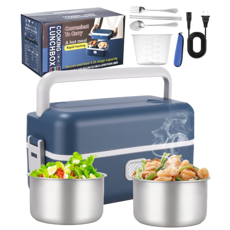 Zhufas Gamelle Chauffante Electrique,200w Boîte à déjeuner électrique, 1,2L Acier Inox Lunch Box Chauffante, Boite Chauffante Re
