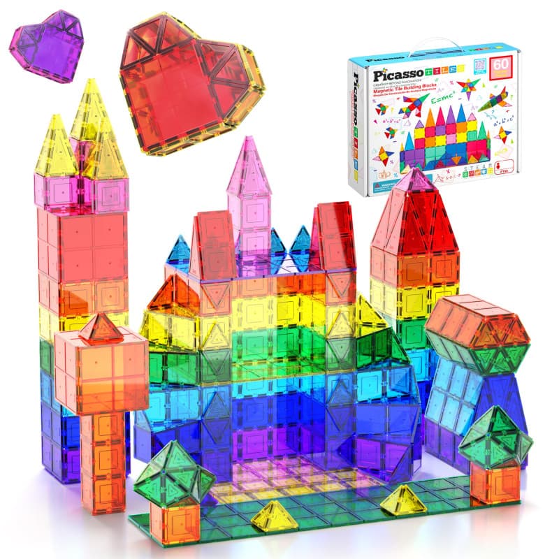 PicassoTiles Ensemble de 60 pièces 60 pièces tuiles de Construction aimantées Blocs de Construction 3D magnétiques clairs Planch