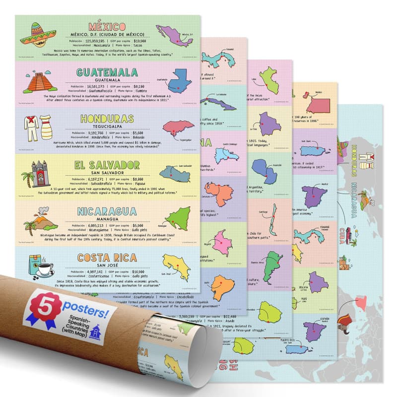 Quarterhouse Lot de 5 posters de pays hispanophones pour la salle de classe, 18 pays d'Amérique latine, apprentissage de l'espag