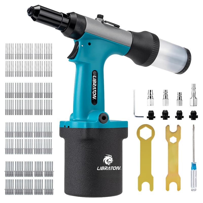 LIBRATON Riveteuse Pneumatique, Pistolet à Riveter Pneumatique Robuste avec 200 Rivets 2,4 mm 3,2 mm 4,0 mm 4,8 mm, Pince à Rive