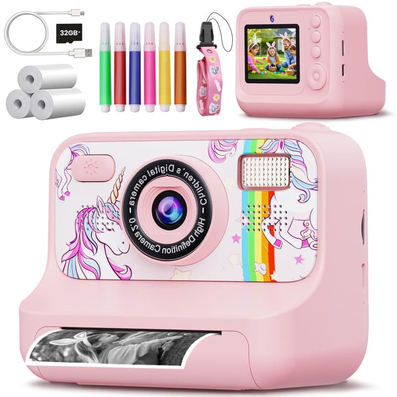 NXPZ Appareil Photo Instantané Enfants, Caméra HD 1080P avec Écran de 2,4 Pouces, avec Carte 32GB, 3 Rouleaux de Papier Photo et