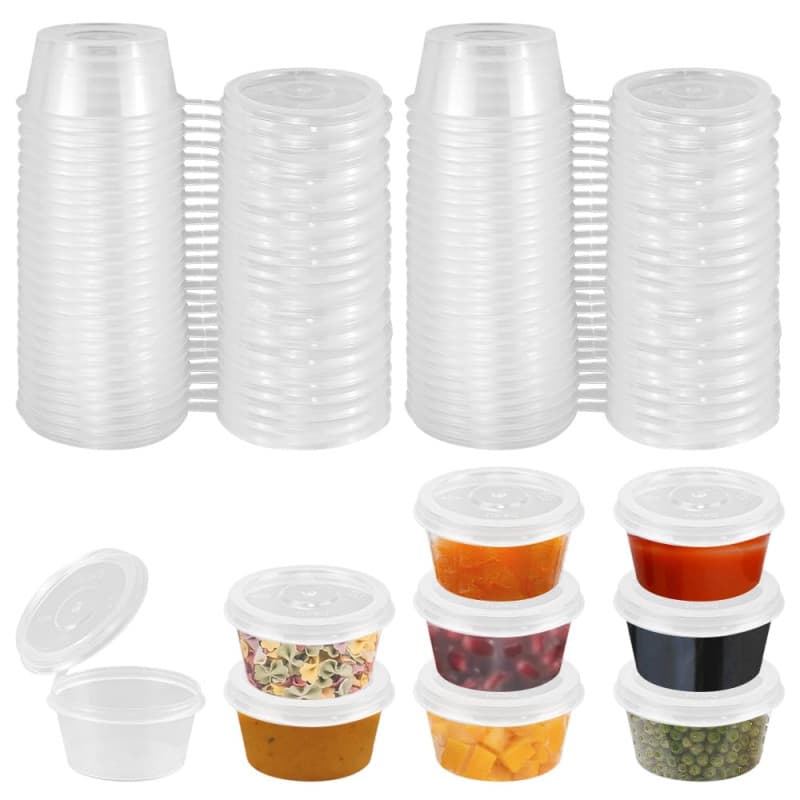 SLTAXAR 50 PCS Petit Gobelet Plastique Réutilisable avec Couvercle 100ml, Petit Récipient Sauce, Pot à Sauce en Plastique avec C
