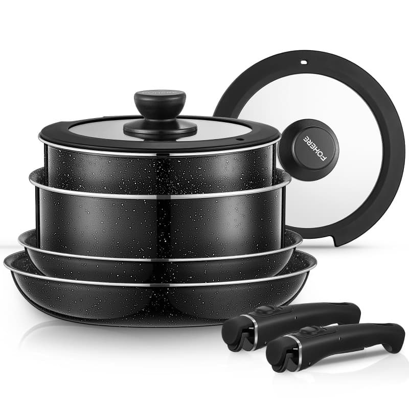 FOHERE Set Poele et Casserole Induction 8 Pièces avec 2 Poignées Amovibles et 2 Couvercle, Poêles 20/28 cm, Casserole 16/20 cm,