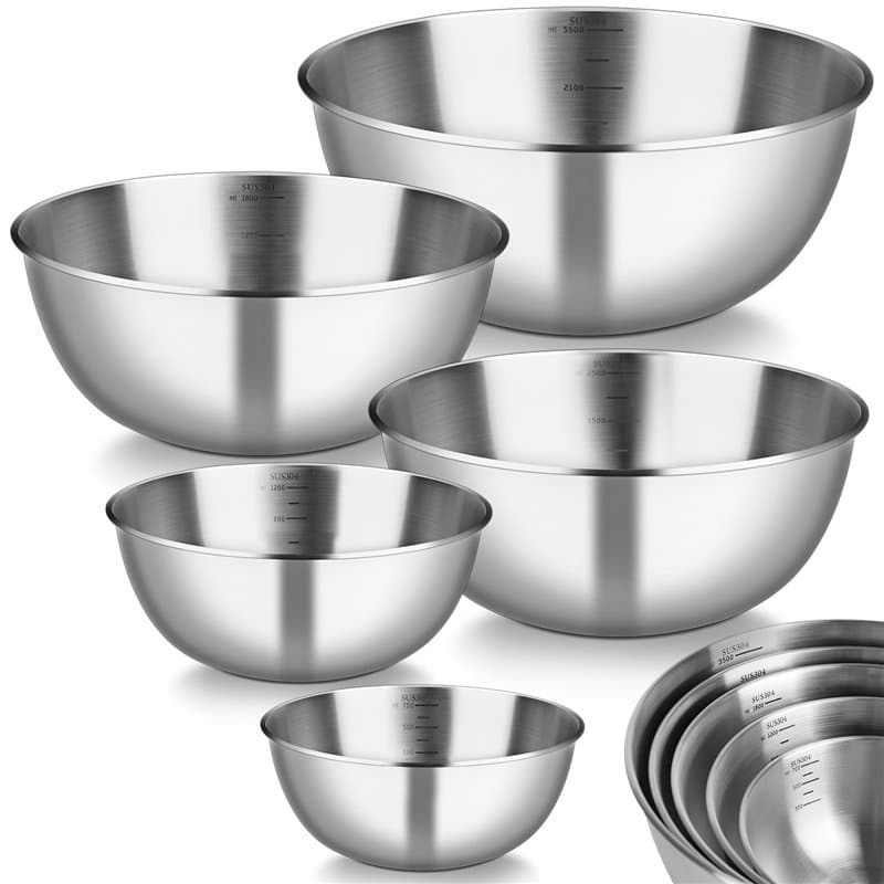 Gucass Cul de Poule Inox Lot de 5 Saladiers de tailles Empilables - 0,7 L/ 1,2 L/ 1,8 L/ 2,5 L/ 3,5 L, Bol Inox Cuisine Bowl de