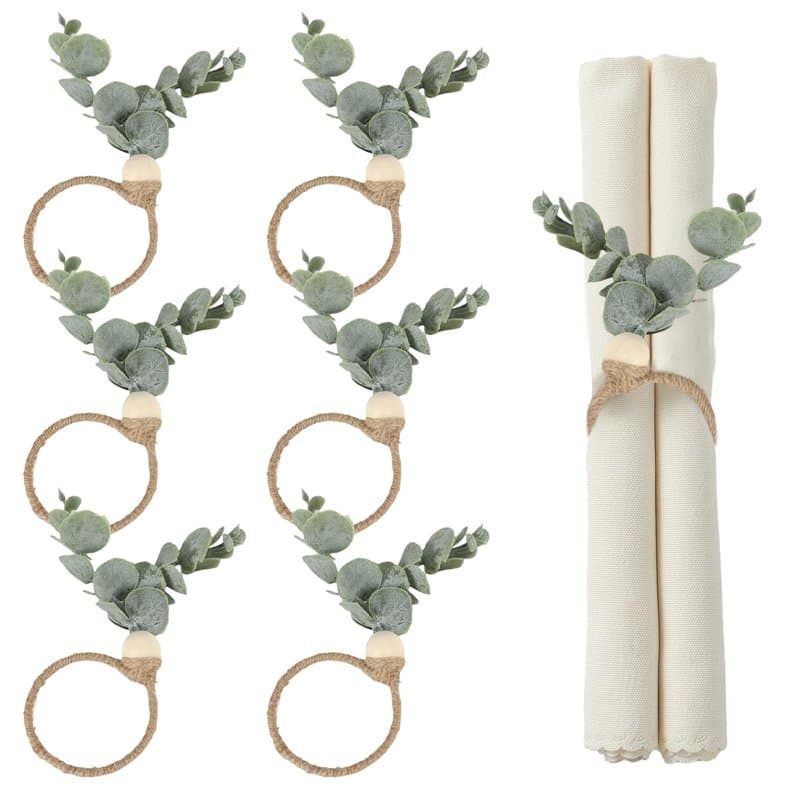 6 Pièces Rond de Serviette de Table Noel avec Vert Les Feuilles, Ferme Rurale Bohème Rond de Serviette Noel, Rond de Serviette d
