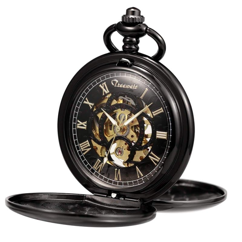 TREEWETO Montre de Poche, Unisexe, avec chaîne à remontage analogique, mécanique et Double charnière, Motif Romain gravé, Antiqu