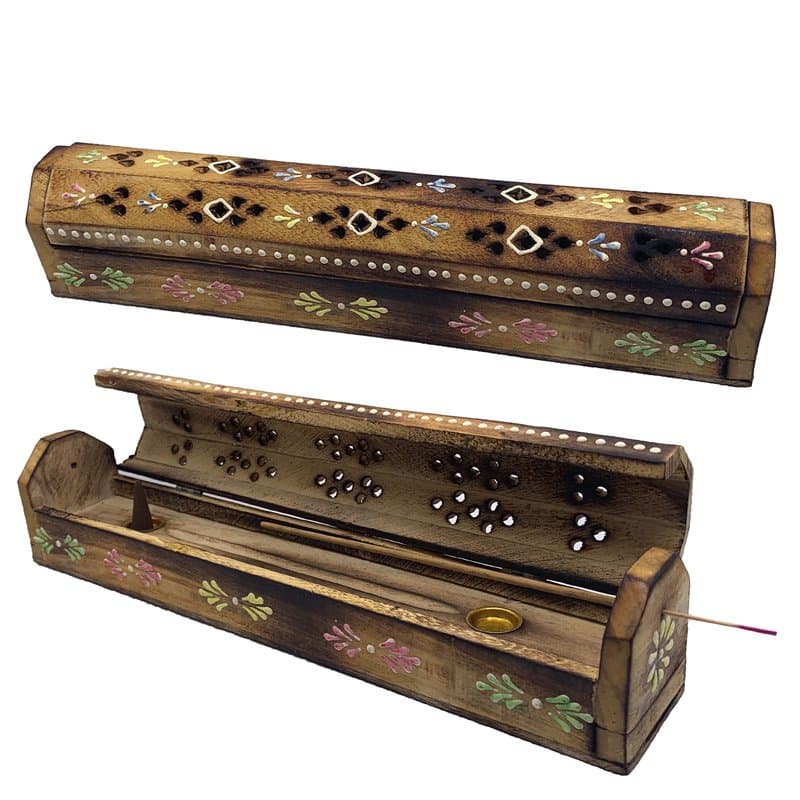 Brûleur à encens (encensoir) Boîte en Bois décorée à la Main en Inde – Design Exclusif de Fleurs colorées. 30,5 x 6,2 x 5,5 cm.