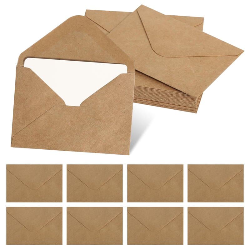 Enveloppes en Papier Kraft, 100 Pièces Mini Enveloppes et 100 Cartes Vierges Petites Enveloppes Pliantes, Vintage Enveloppes Dec