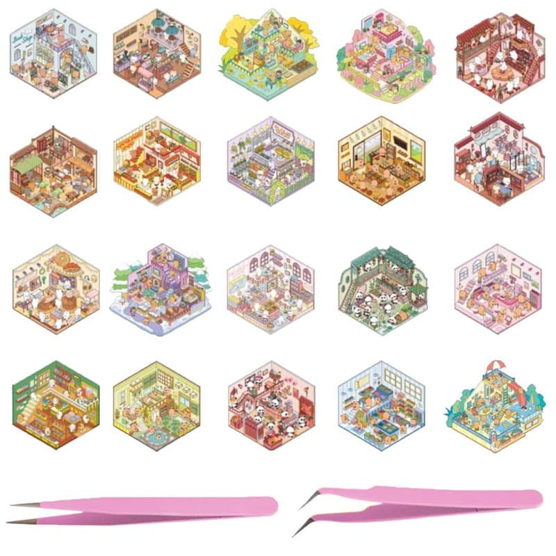 Noaxylic 20 Pièces 3 20 Pièces 3D Miniature Scene Stickers Set, Autocollants de Scène avec pincettes,Autocollants 3D,House Stick