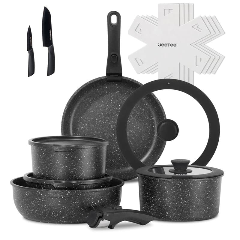 JEETEE Batterie de Cuisine Antiadhésive 17 pièces avec Poignée Amovible, Poele Induction 20/26cm, Sauteuse 26cm, Casserole 18/20