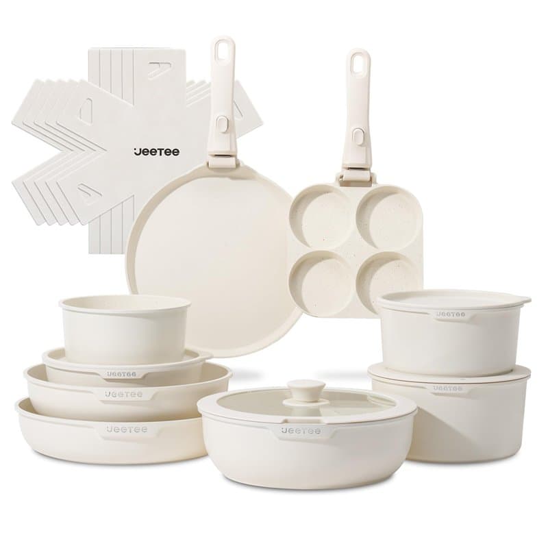 JEETEE Batterie de Cuisine Antiadhésive 20 Pcs, Sets de Poêles et Casseroles avec Poignée Amovible, Ensemble de Cuisine pour Cam