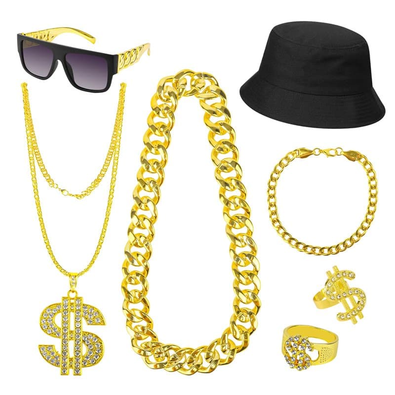 7 Pièces Déguisement Rappeur, Chaine Or Homme,Kit de Costume Hip Hop avec Chapeau,Gangster Gang Lunettes de Soleil, Accessoires