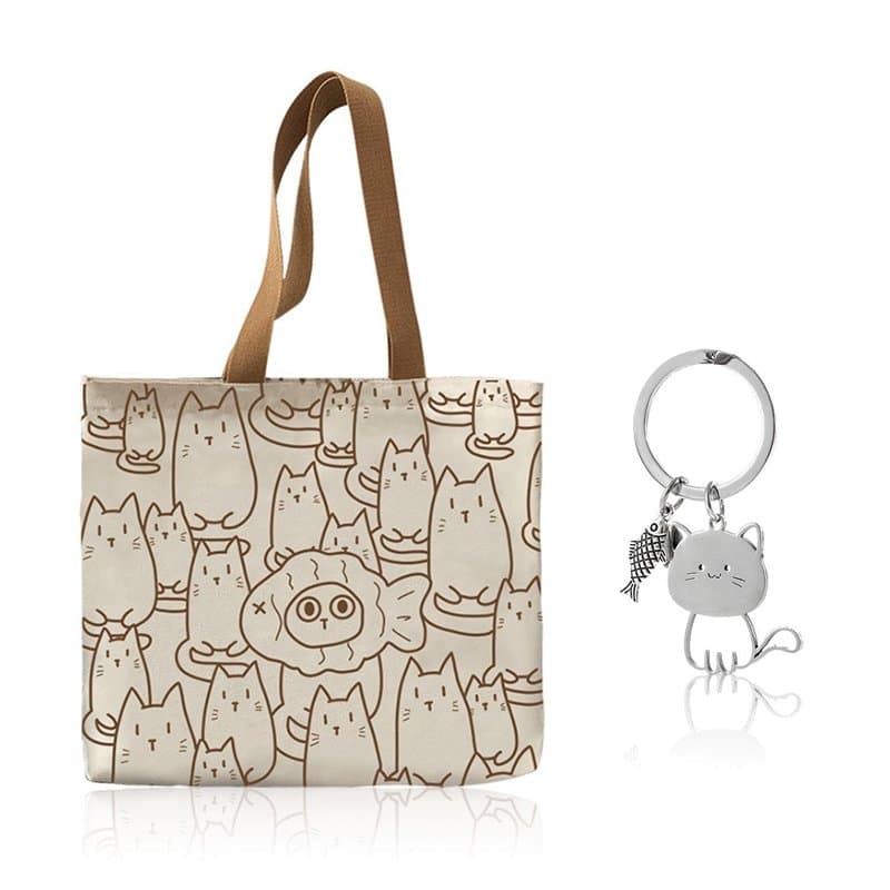 1 Sac En Toile Motif Chat Et 1 Porte-Clés, Sac Shopping Grande Capacité, Joli Sac Bandoulière, Sac Bandoulière Pliable