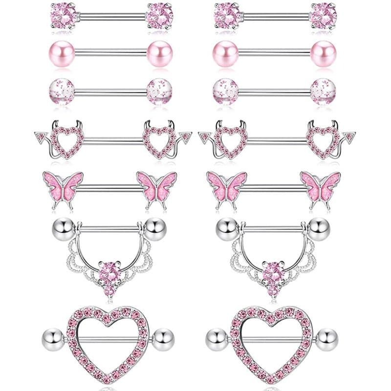 XFSRG Kit Piercings 7 Paires de Piercing Tétons Femme en Acier Chirurgical 14G et Piercing Langue avec Zirconia Rose Papillon Cœ