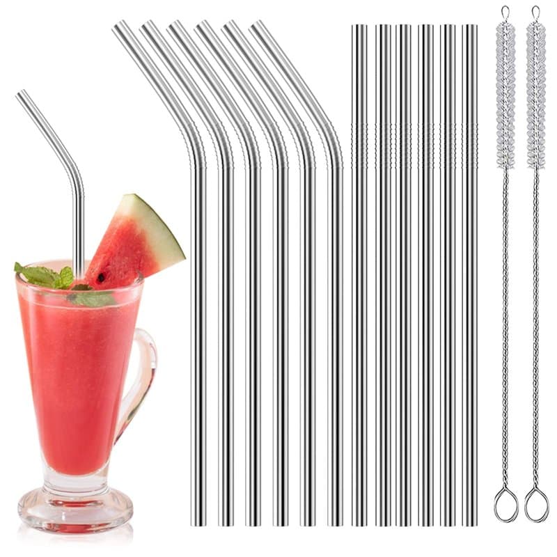 Gvolatee Paille Inox Reutilisable 12 Pcs (6 Droites + 6 Courbées), Pailles Bubble Tea 21cm avec 2 Brosses de Nettoyage, Paille M