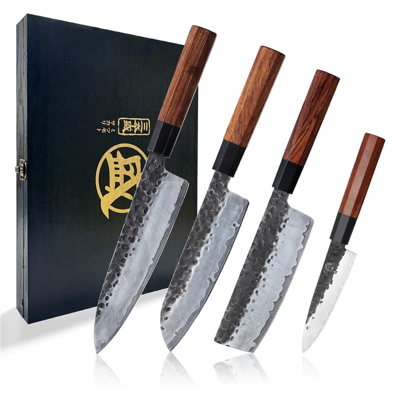 MITSUMOTO SAKARI Set Couteau Cuisine de 4, Set de Couteaux de Cuisine Forgés à La Main, Couteau Japonais en Acier à Haute Teneur