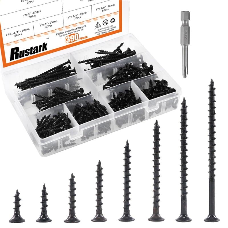 Rustark 390 pièces #7 Vis à bois à filetage épais pour cloison sèche avec clé Phillips Noir Oxyde Finsh Finsh Kit d'assortiment