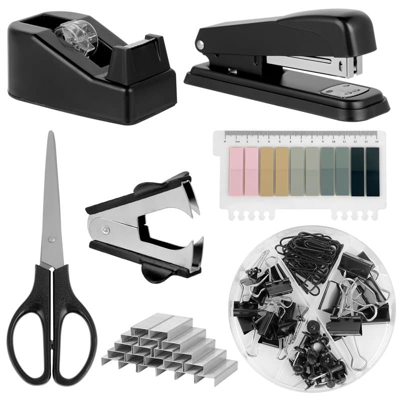 Set de fournitures bureau, comprenant perforatrice, agrafeuse, distributeur de ruban et accessoires de papeterie bureau, idéal p