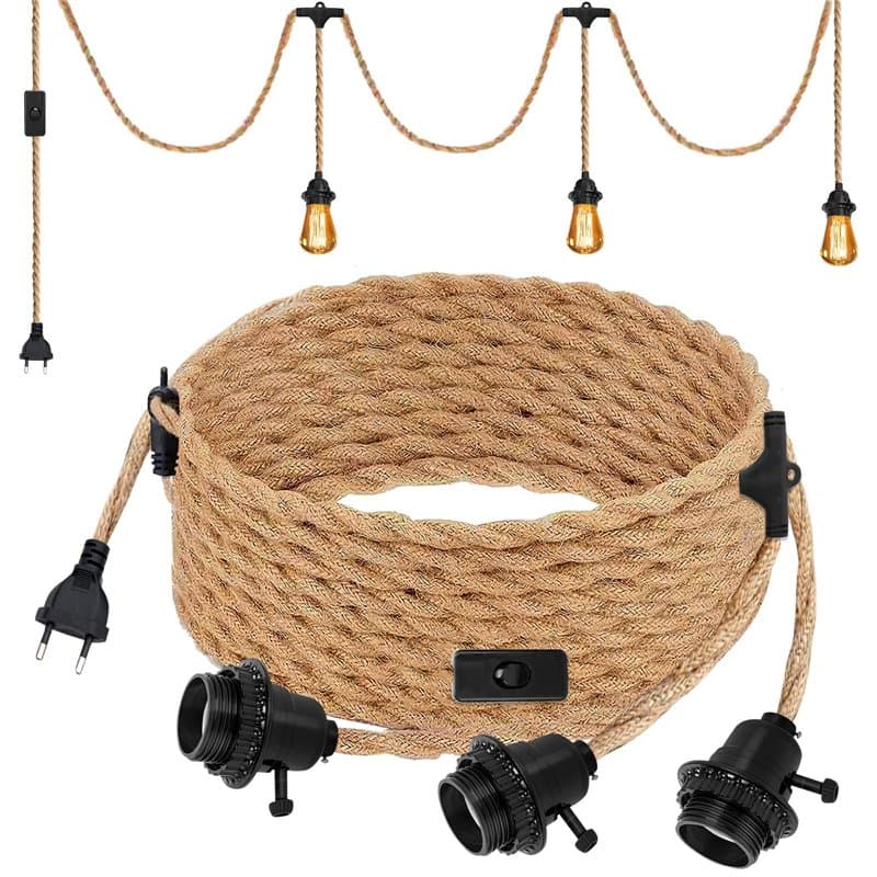 Douille E27 avec Câble 6.8m en Corde de Chanvre Tressée Vintage et Interrupteur, Suspension Douille E27 Corde pour DIY Lampe Sus