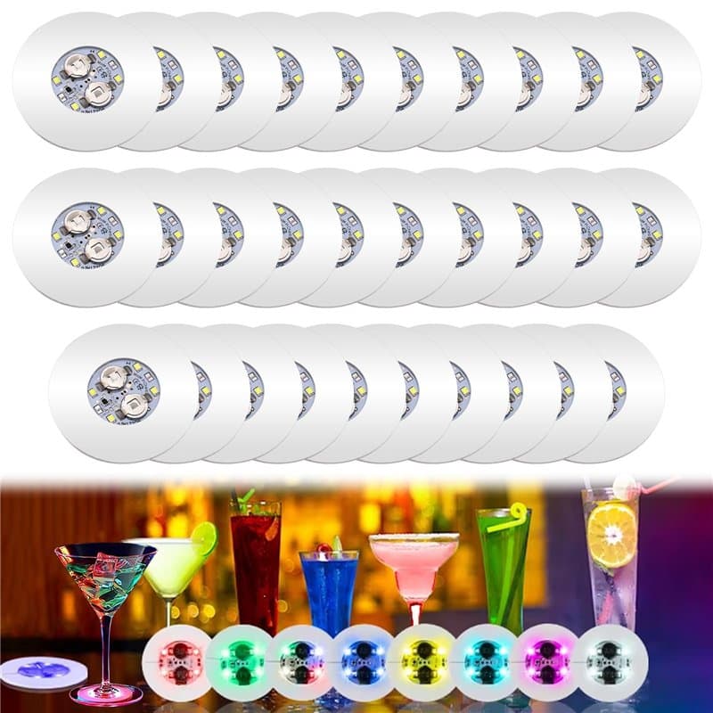 Lot de 30 dessous de verre LED - Autocollants lumineux colorés - 3 modes d'éclairage - Autocollants ronds de 6 cm pour bouteille