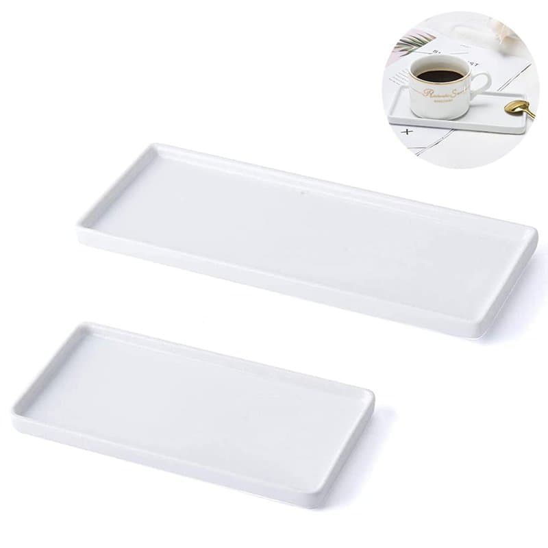 Plateau en Porcelaine Blanche, 2 Plateau de Lavabo en Céramique, Plateau Rectangulaire en Résine, Plateaux de Rangement Organise