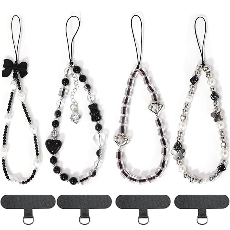 Lot de 4 Bijoux Dragonne de Telephone avec 4 Patchs Universels, Chaine De Telephone Perles, Laniere Telephone Portable, Phone Ch